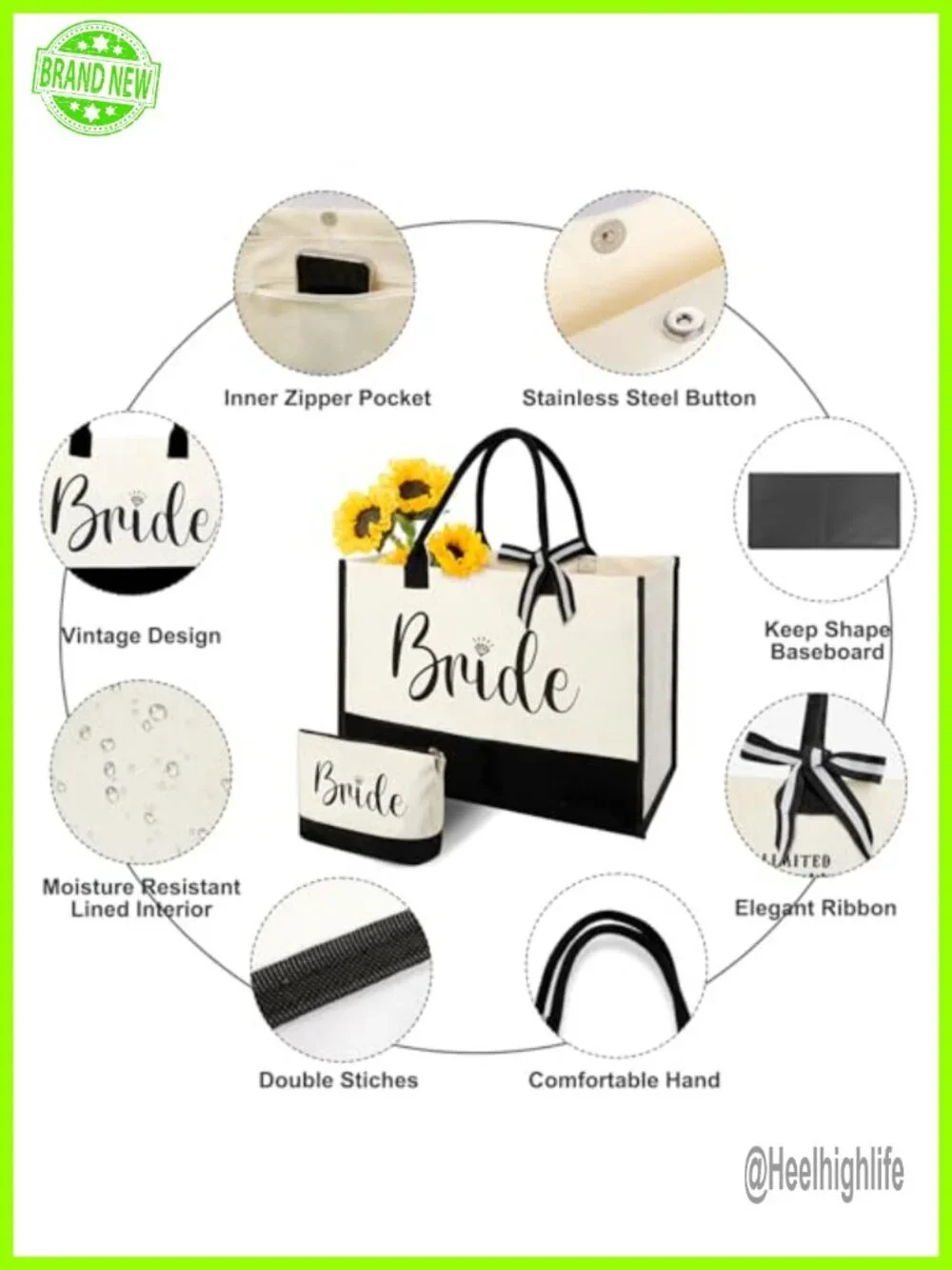 Bride Canvas Tote Bag with Makeup Bag, Wedding Gift Set for Bridal Shower